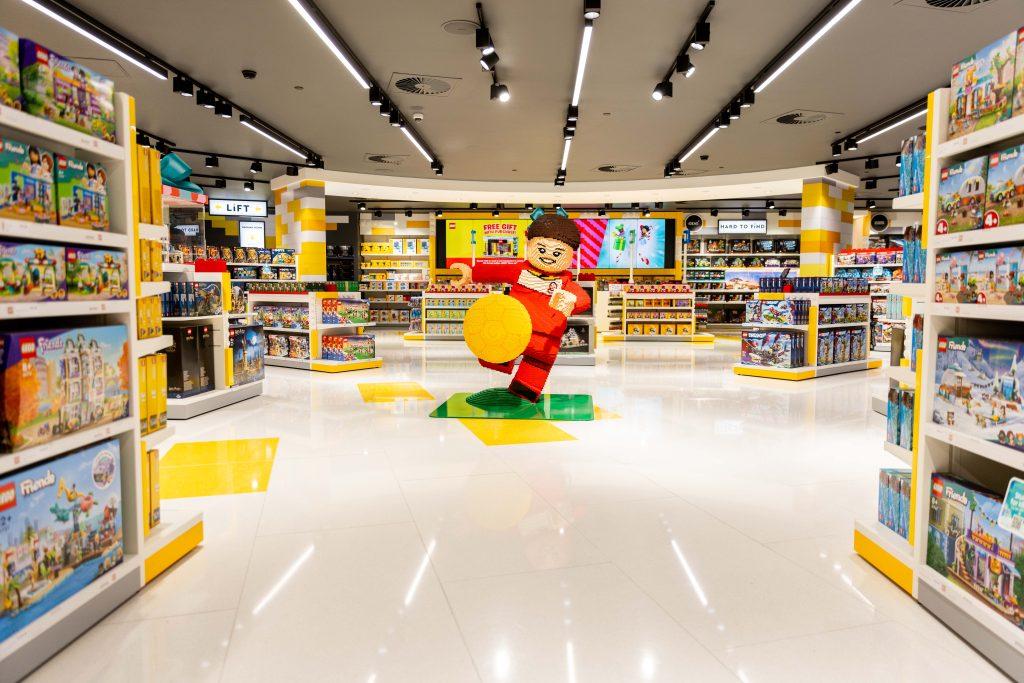 A LEGO brick-built display of a soccer player in the world's largest LEGO store.