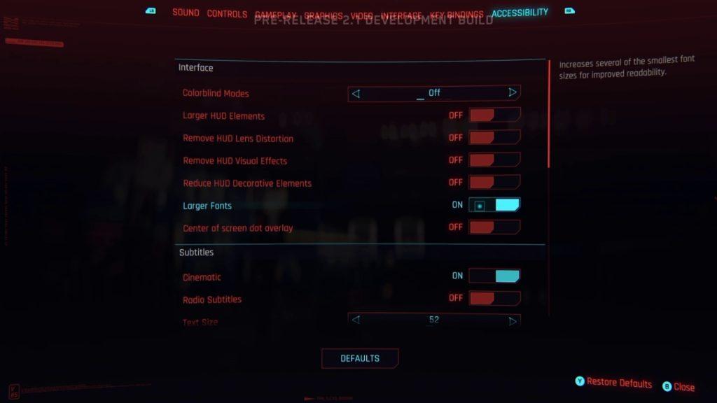 Accessibility Options in update 2.1 Cyberpunk