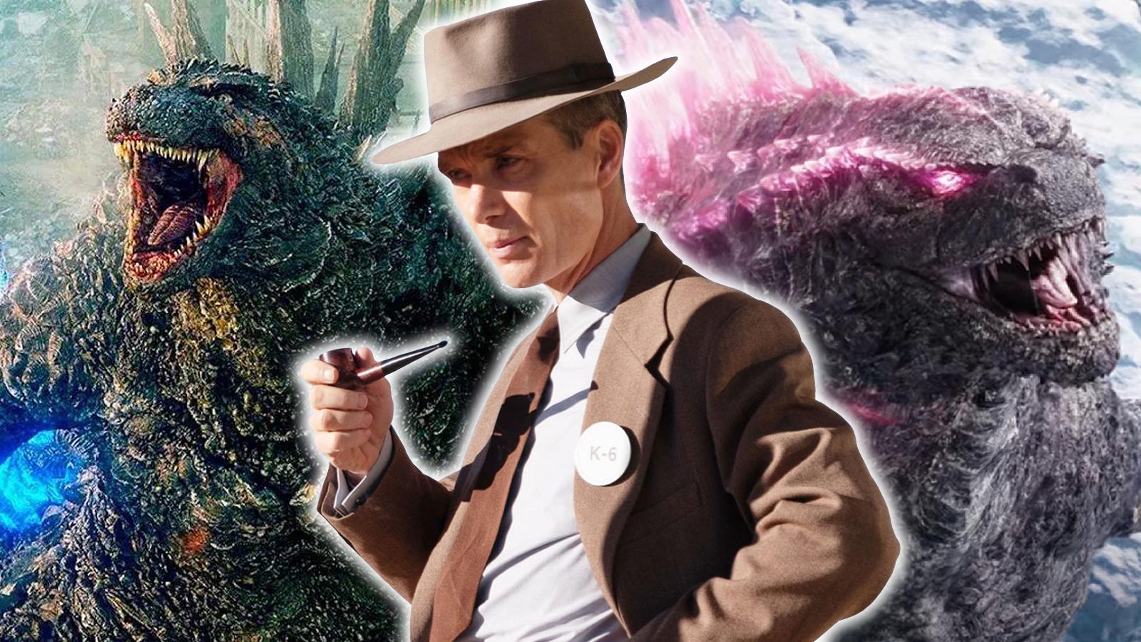 Cillian Murphy as Oppenheimer flanked by Godzilla