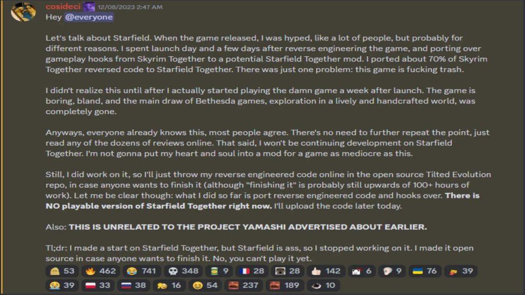 Mod comments on Starfield Together's cancellation