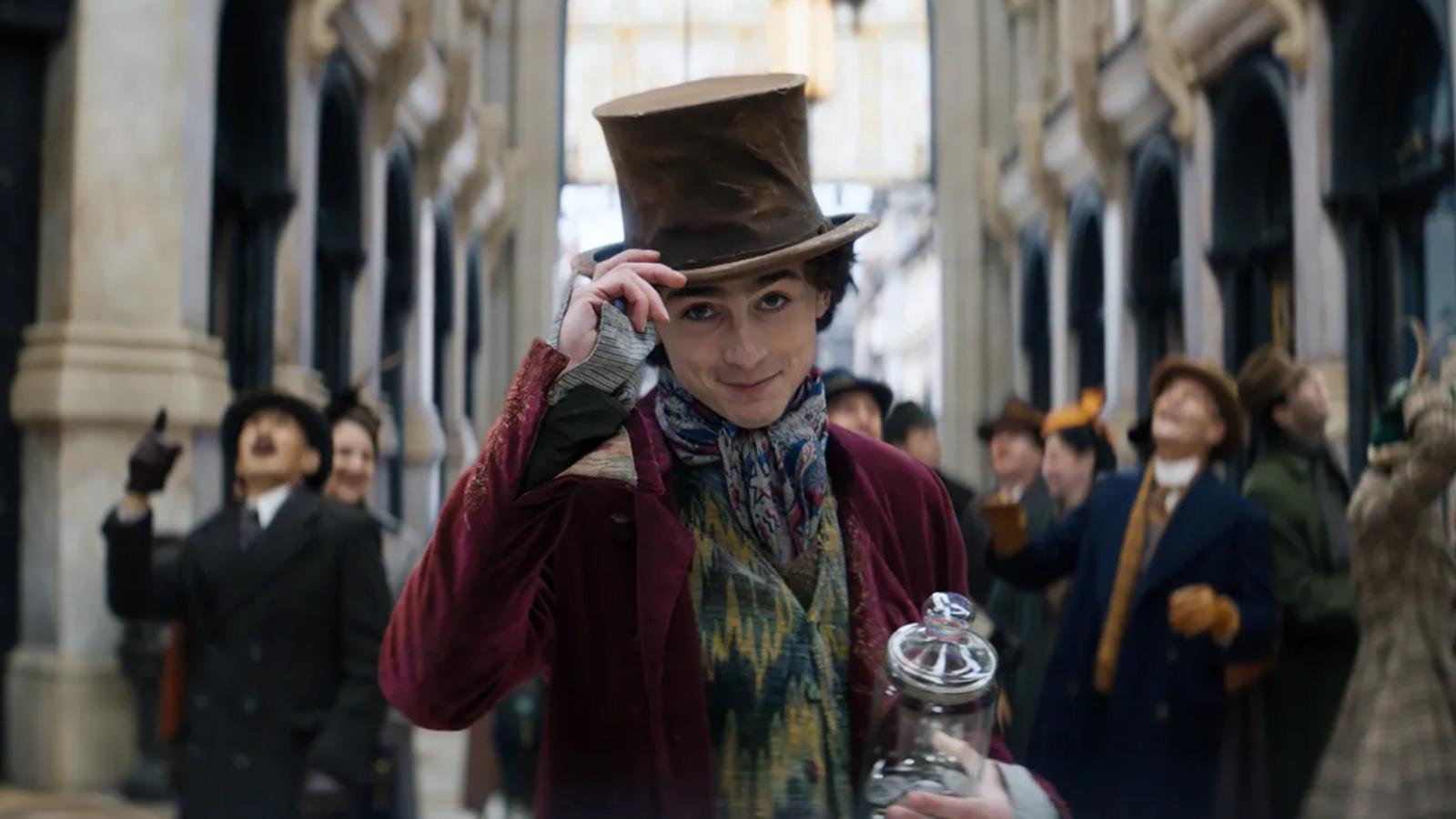 Timothée Chalamet in Wonka as Willy Wonka.