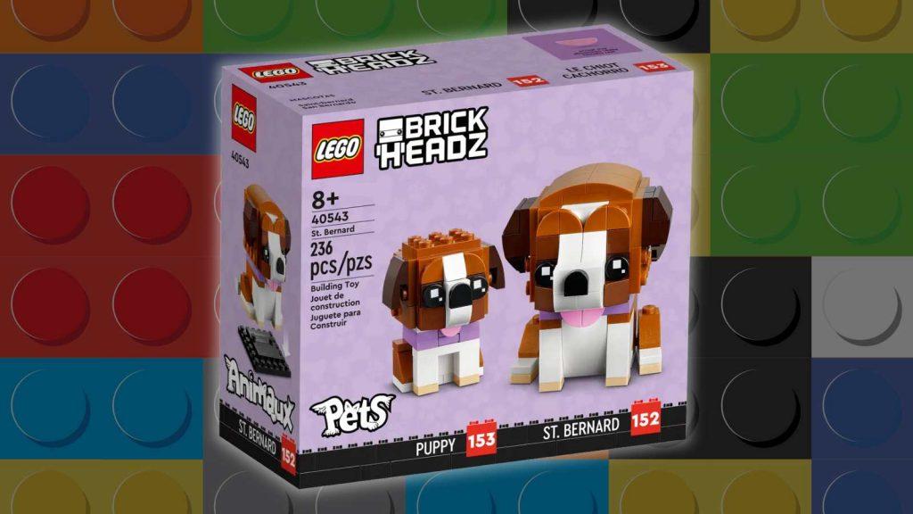 The LEGO-reimagined St. Bernard on a LEGO brick background