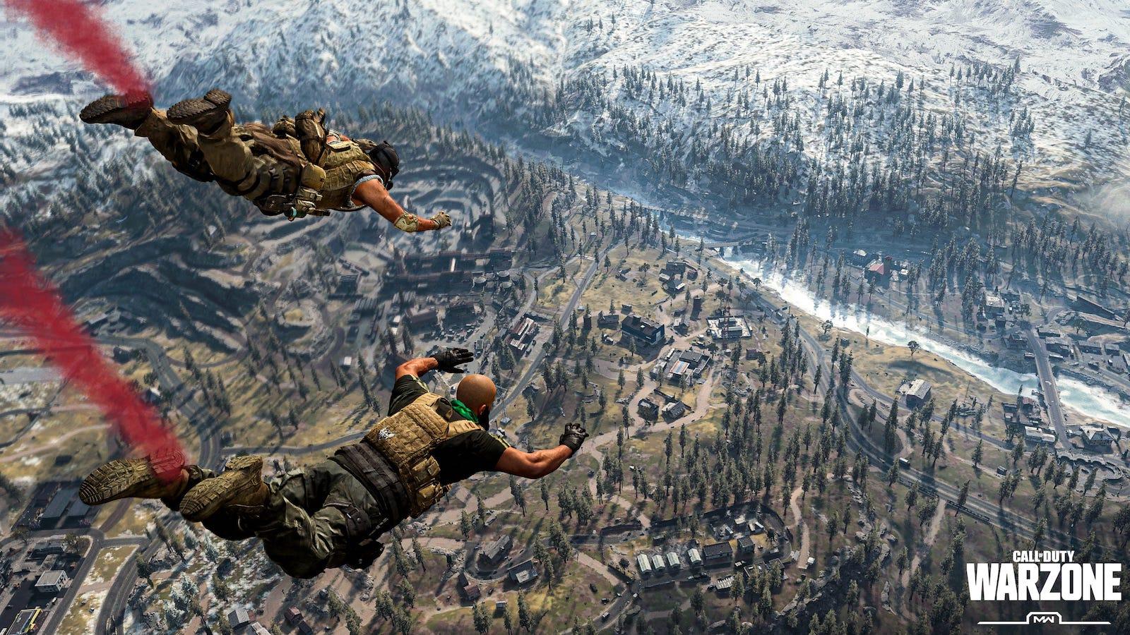 Warzone characters parachuting into map