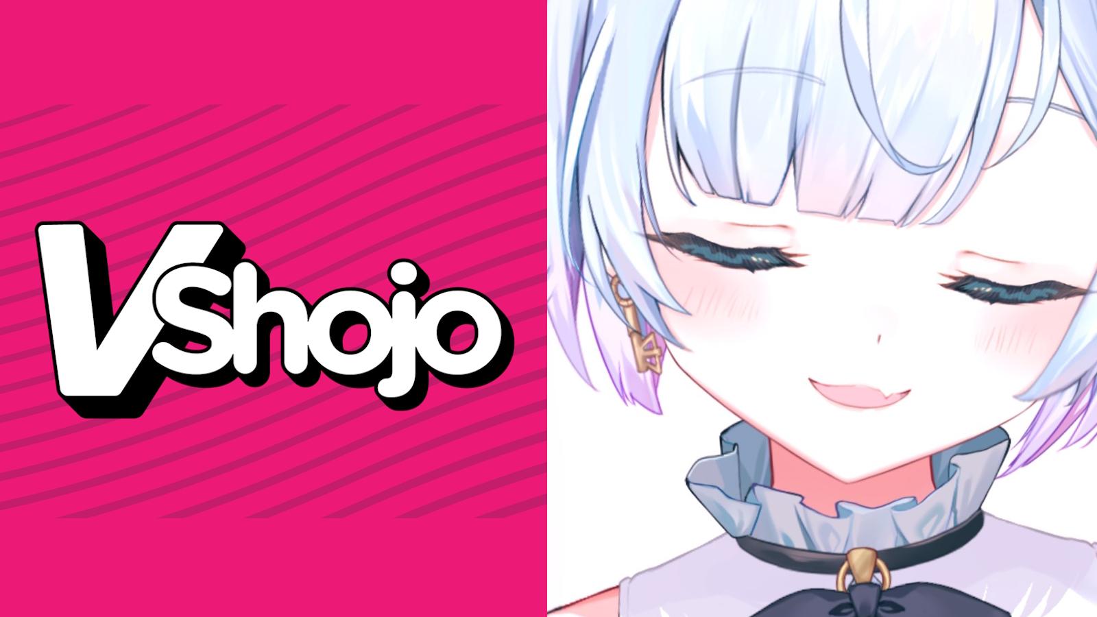 VShojo's official logo and Amemiya Nazuna VTuber model with eyes shut.