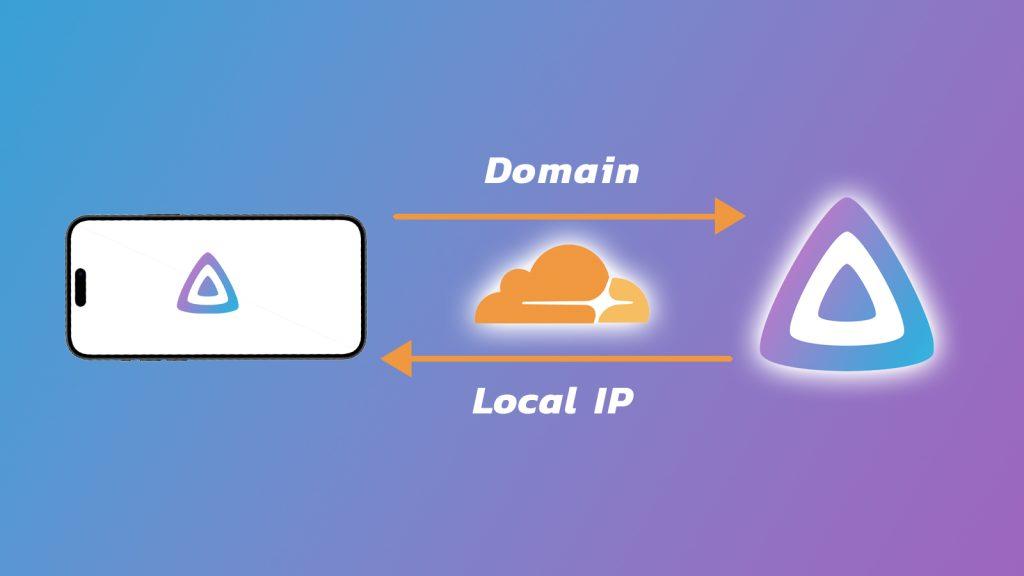 "iphone with jellyfin logo with a 'tunnel' of two arrows pointing either way saying "domain" and "local