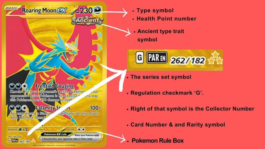 Pokemon card annotated to show the rarity symbol, energy type, regulation mark, collector number, set identifier, rule box, trait, and rarity