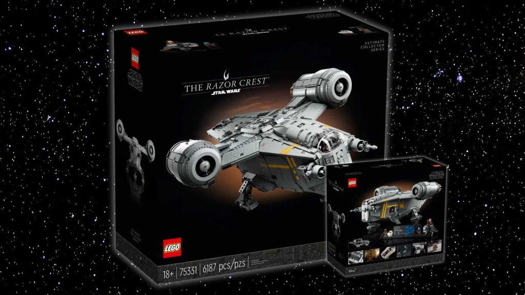 The LEGO Star Wars The Razor Crest set's box on a galaxy background