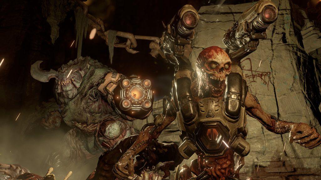 doom 2016 enemies revenant & cyberdemon posing threateningly 