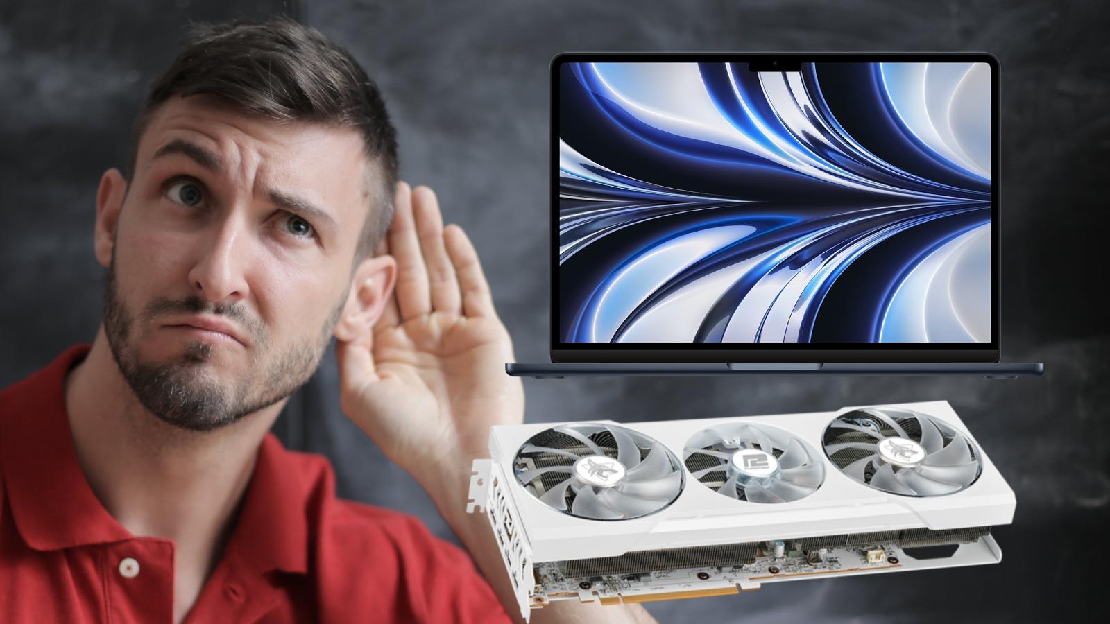 Man listening to GPU and Macbook in a red shirt on a grey background