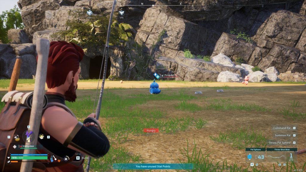 Hunting a Pengullet with a bow in Palworld