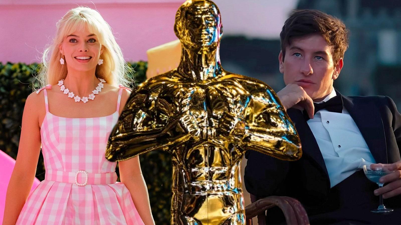 Still from Barbie, Saltburn, and image of Oscar statue