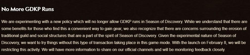 The official statement from Blizzard on GDKP runs in Season of Discovery