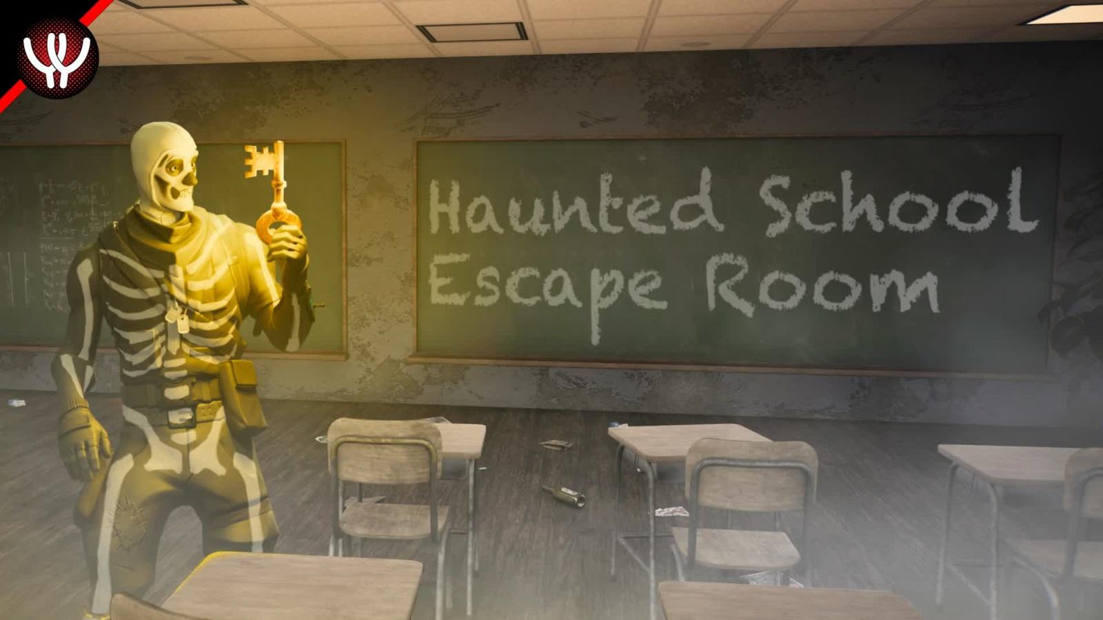 A screenshot featuring the Haunted School Escape room in Fortnite.