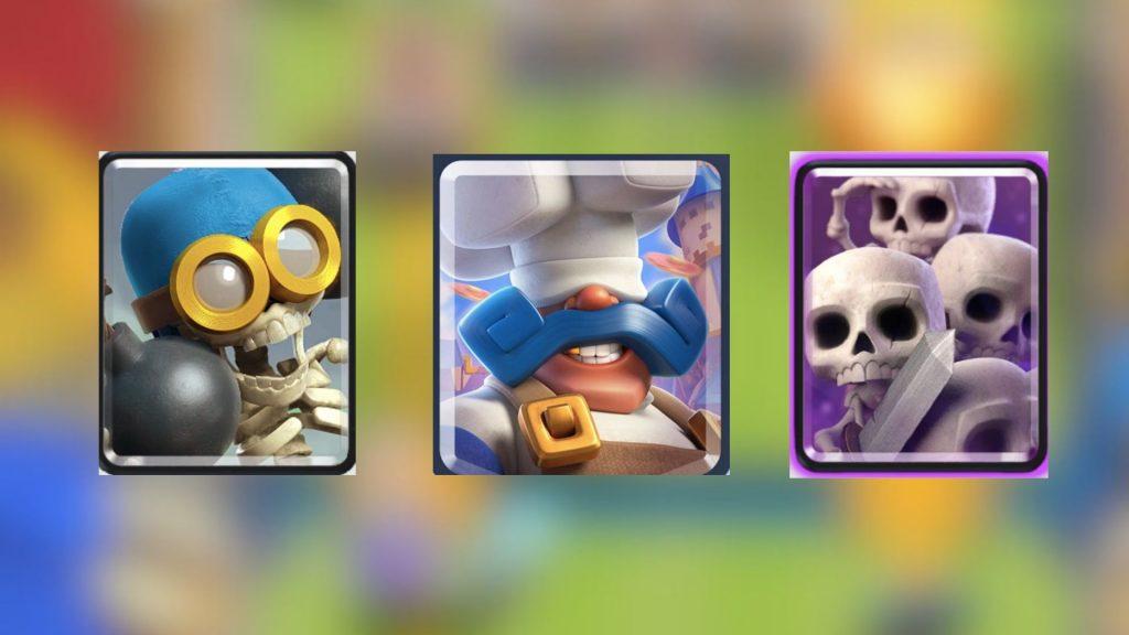 A custom image of the Royal Chef, Skeleton Army, and Bomber card icons in Clash Royale.