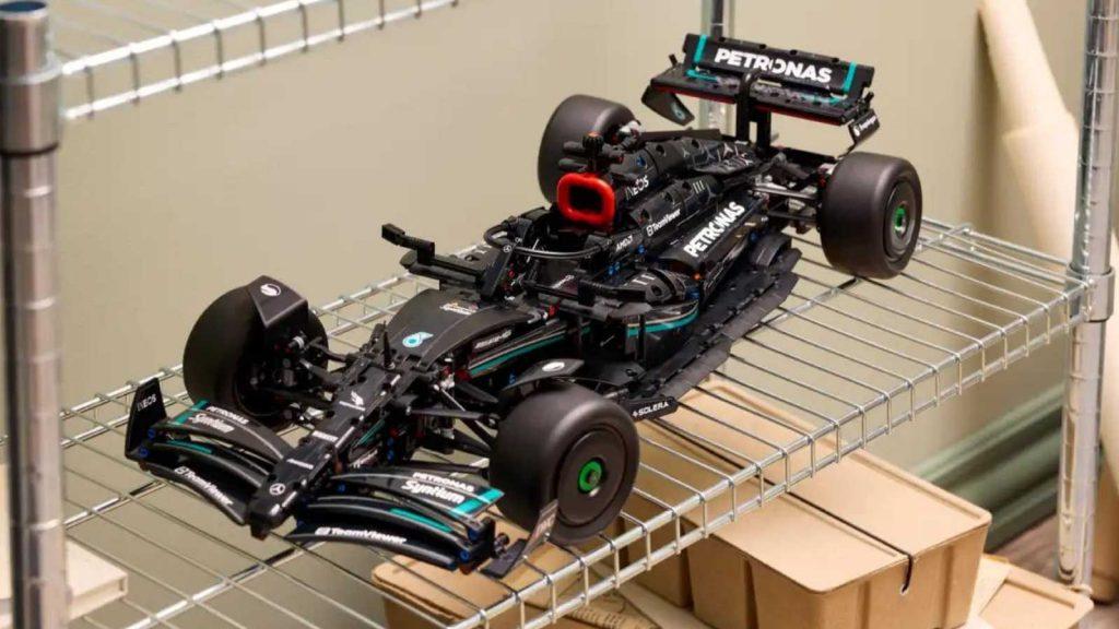 The LEGO Technic Mercedes-AMG F1 W14 race car on display