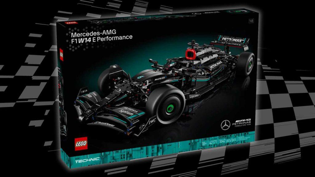 The LEGO Technic Mercedes-AMG F1 W14 race car on a black background with a racing-flag graphic