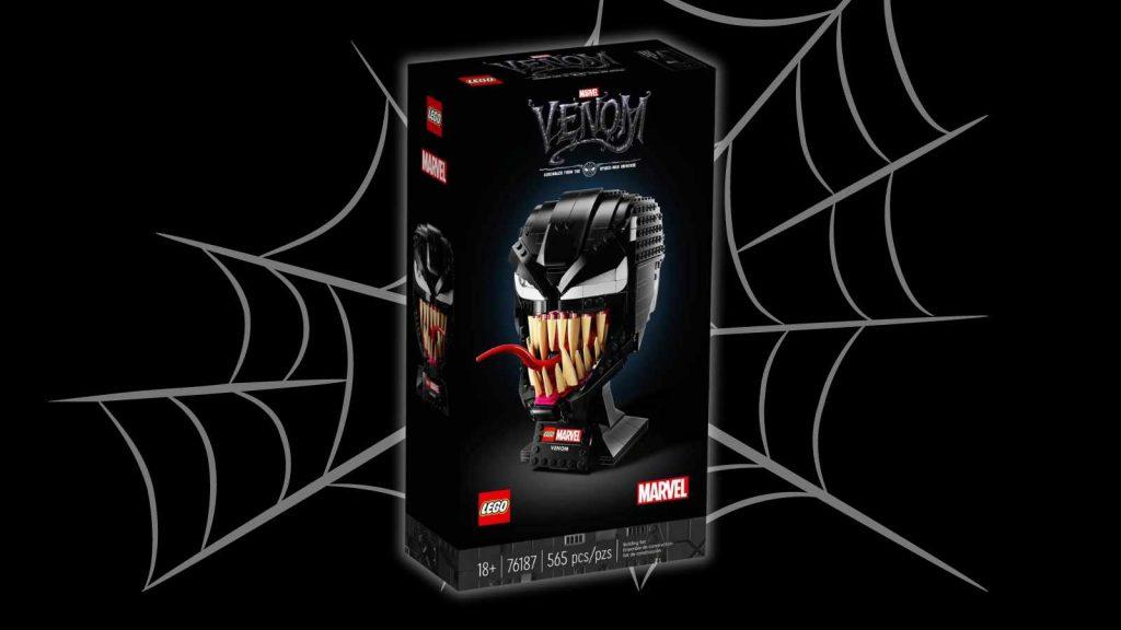 The LEGO Spider-Man Venom on a black background with a web graphic