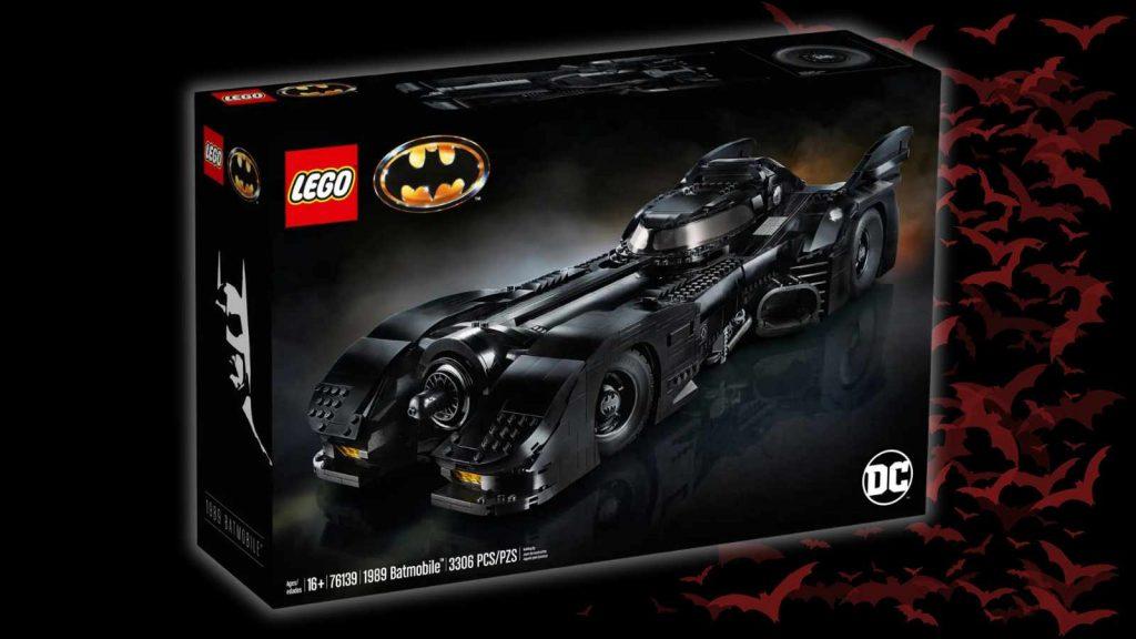 The LEGO DC 1989 Batmobile on a black background with bat graphics