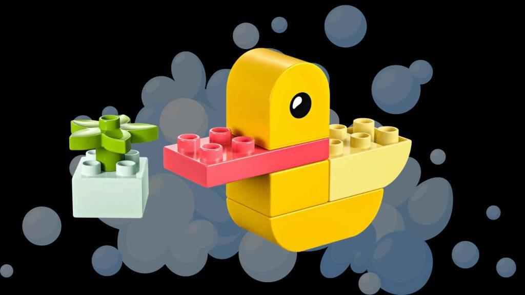 LEGO Duplo My First Duck on a black background with foam graphic