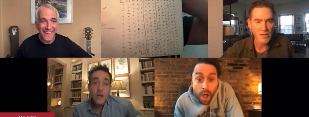 Billy Crudup, Matthew Macfadyen & Kieran Culkin looking shocked on a zoom call while Pedro Pascal holds up a piece of paper.