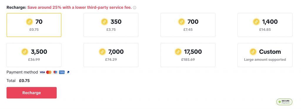 TikTok coin purchase plans