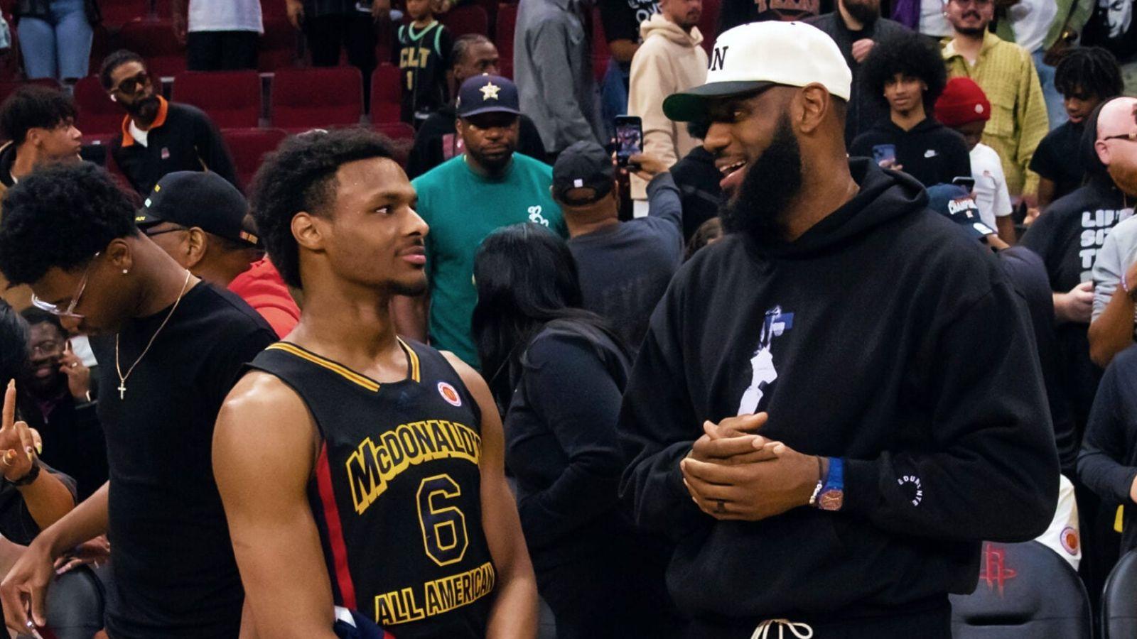 LeBron James with his son Bronny James at the 2023 McDonald''s All American game.