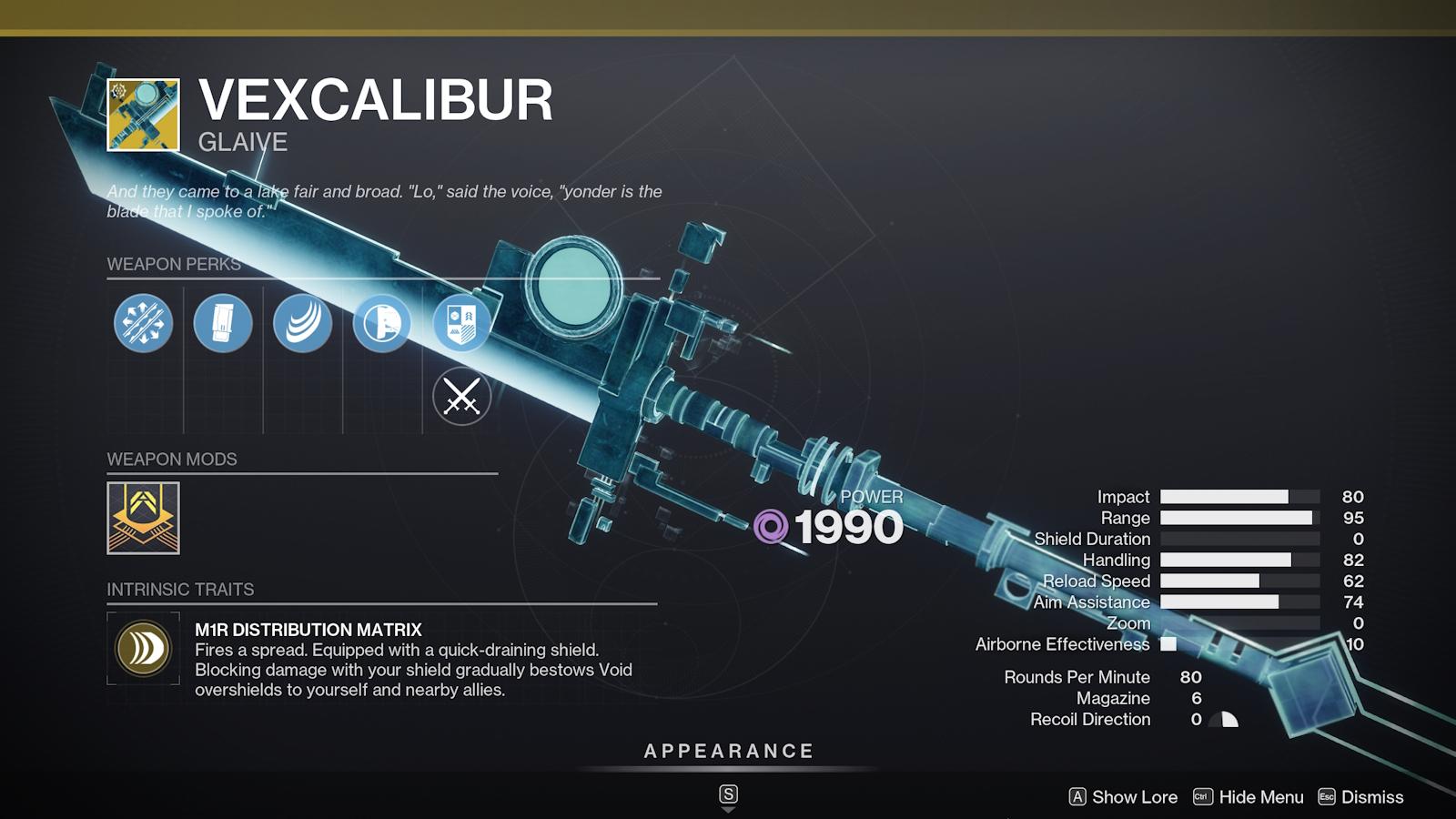 Screenshot of the Exotic Glaive Vexcalibur in Destiny 2