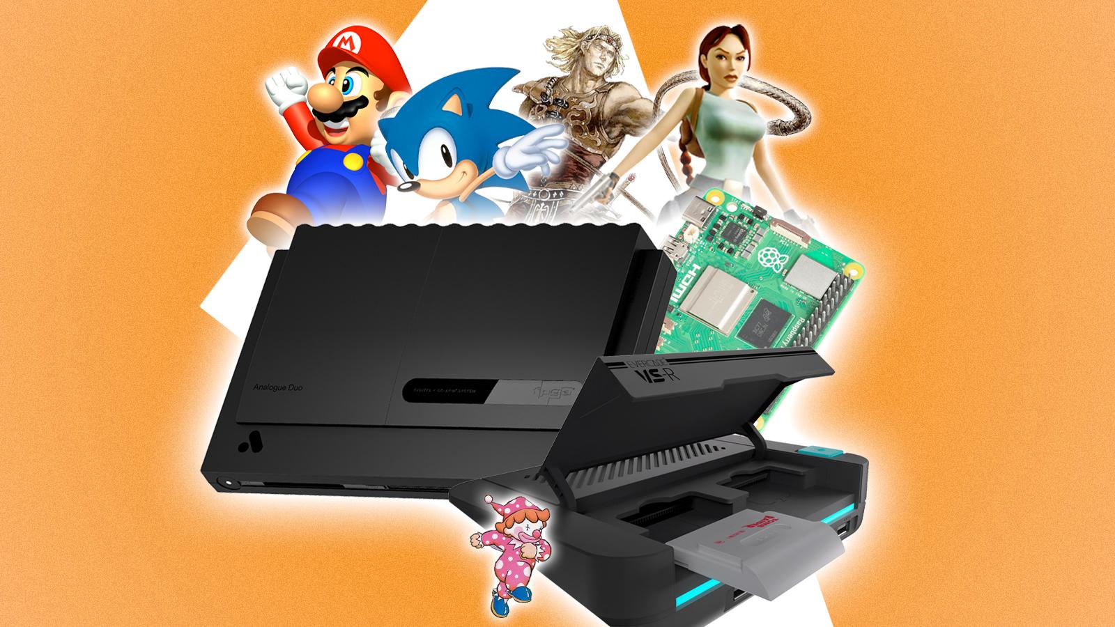 best retro consoles represented by analogue, evercade and raspberry pi the characters mario, sonic, simon belmont and lara croft are along the top mr do is at the bottom