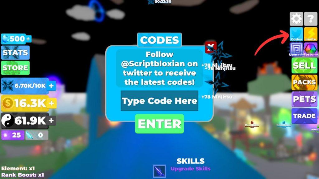 Redeeming codes in Ninja Legends