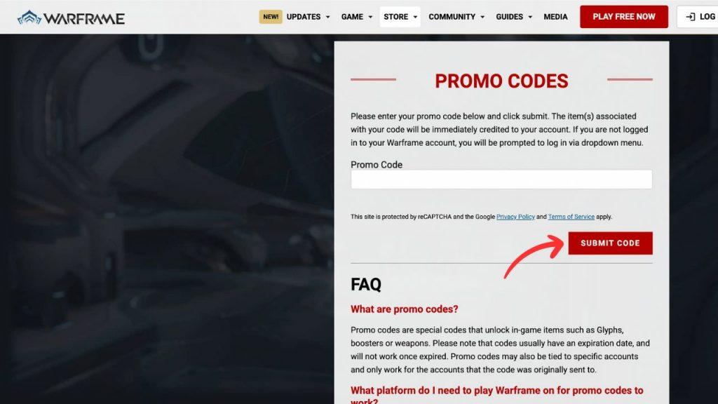 An image of the redeeming codes pages on the Warframe website.