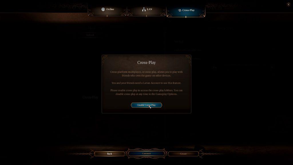 An image of the enable cross-play screen within Baldur's Gate 3.