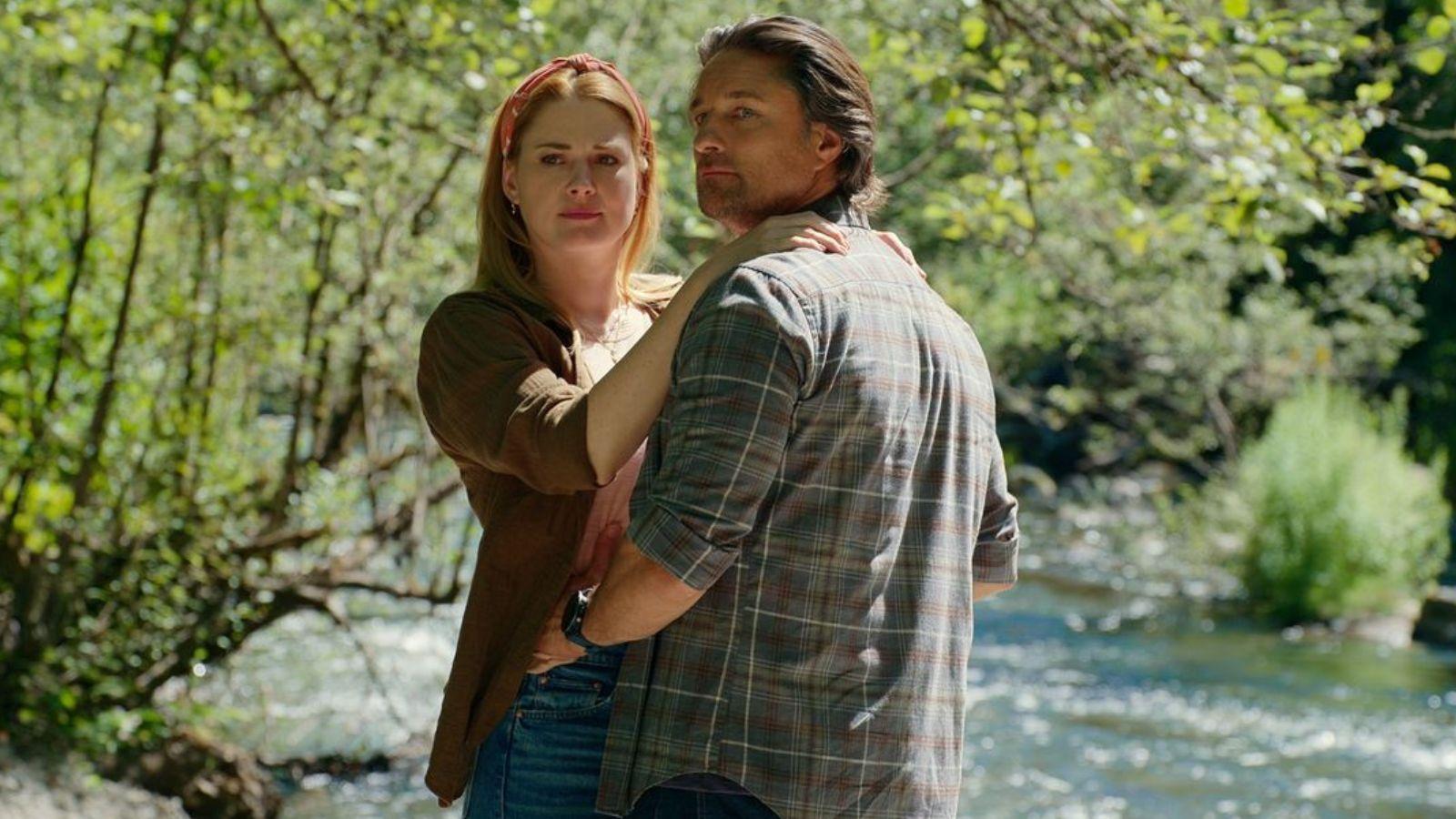 Mel and Jack embracing in Virgin River.