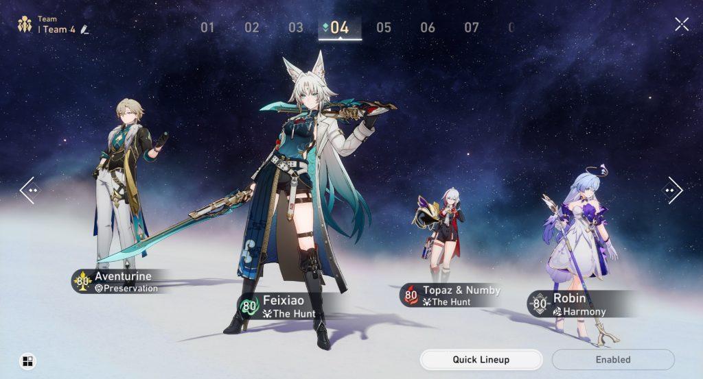 Aventurine, Feixiao, Topaz, and Robin from Honkai Star Rail