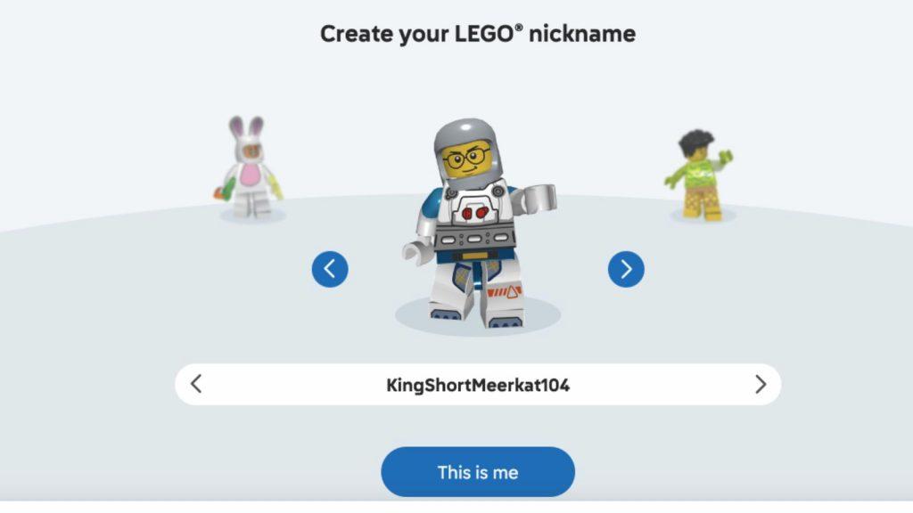 A screenshot of the choose avatar and nickname page on the LEGO Insiders website.