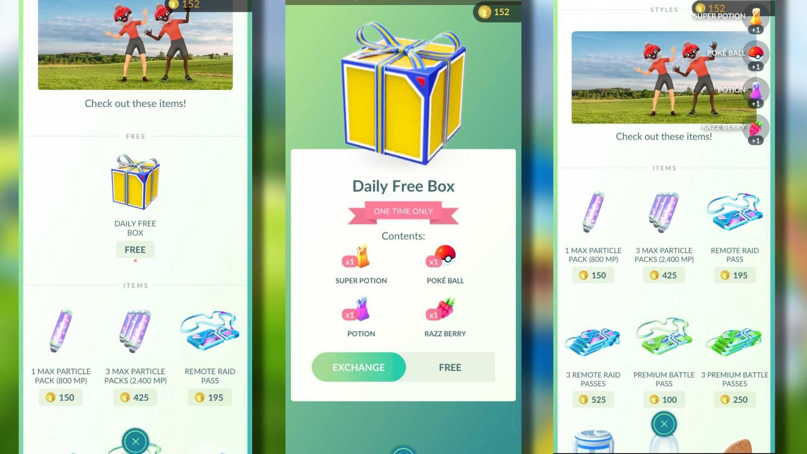 Pokemon Go screenshots show how to use the Daily Free Box