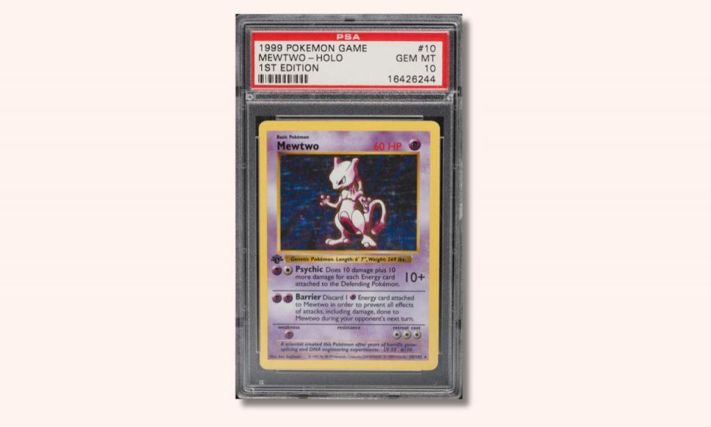 Mewtwo base set holo first edition Pokemon card.