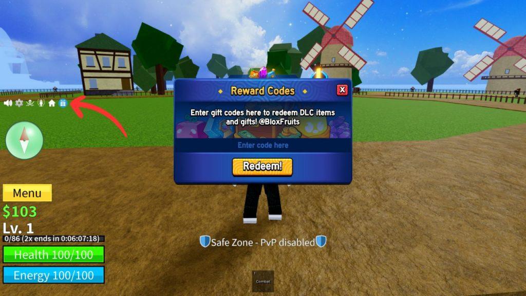 in-game screenshot featuring the code redeem page in Blox Fruits on Roblox.