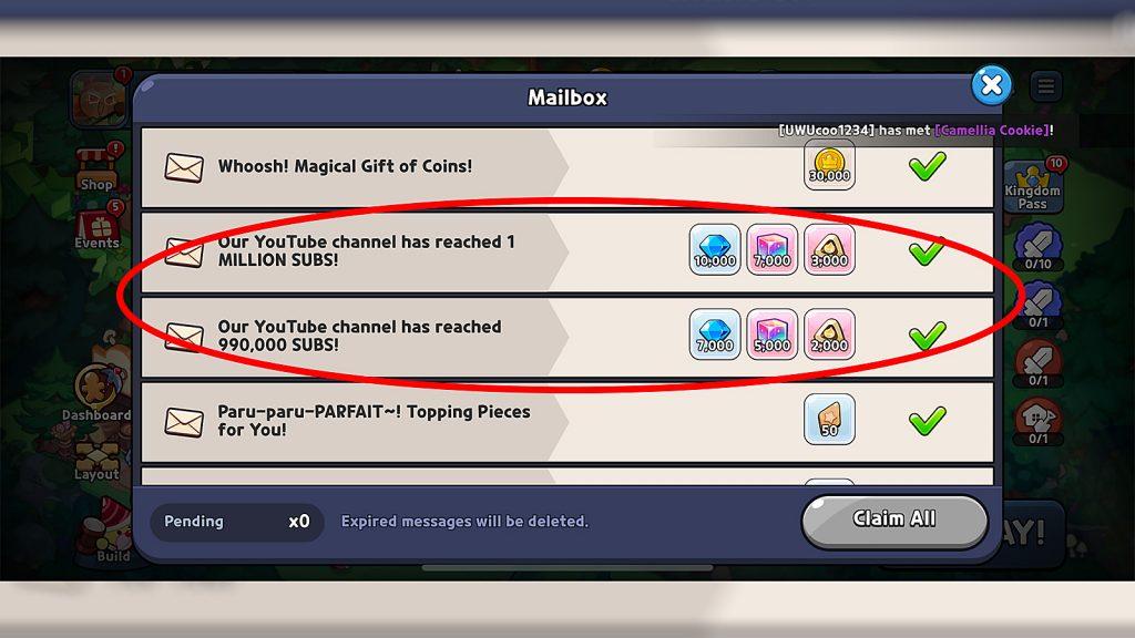 Image of in-game rewards in Cookie Run Kingdom's mailbox