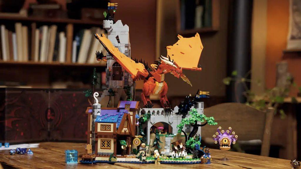 D&D LEGO set on a table, dragon on top