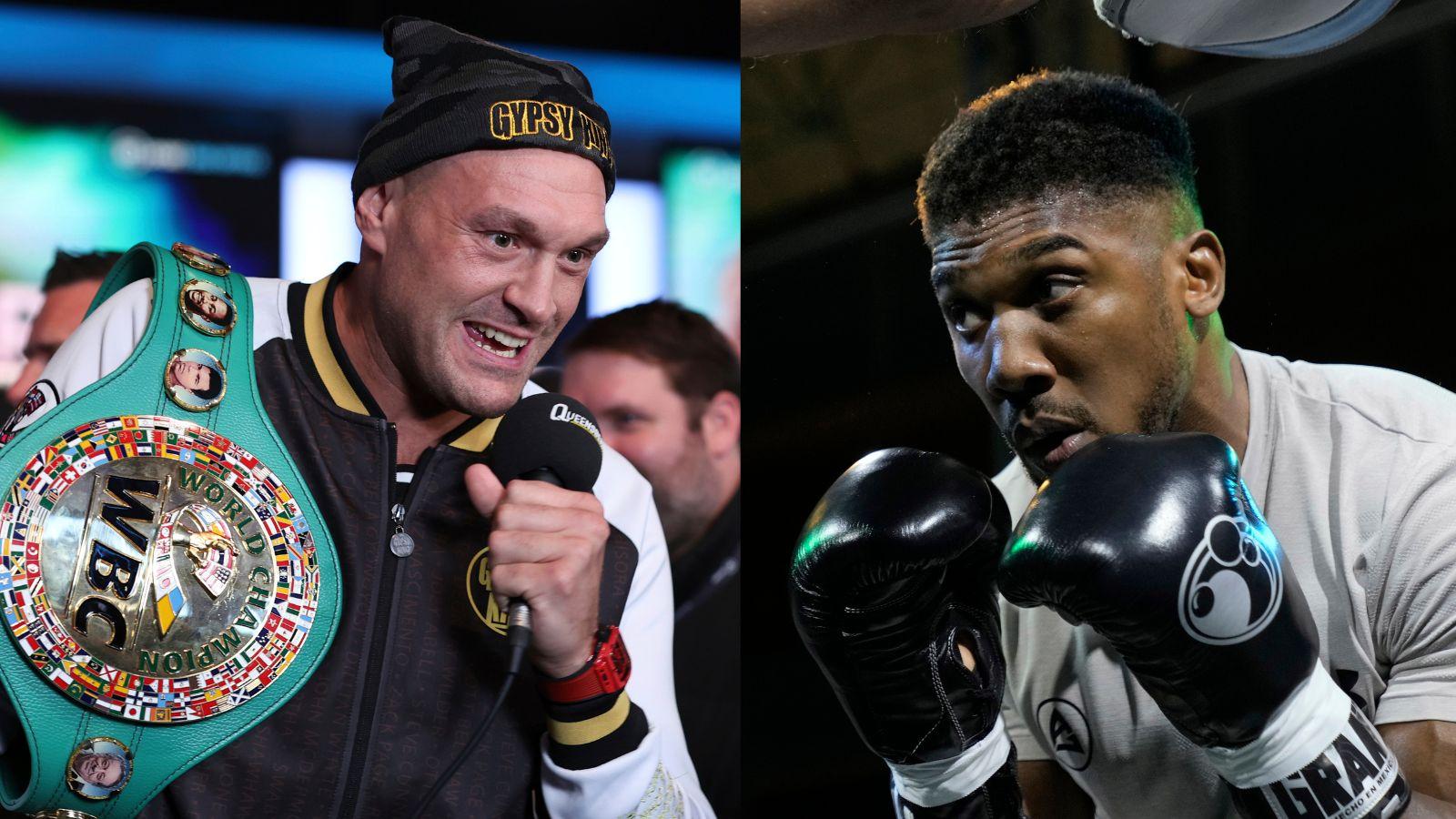 Tyson Fury (left) and Anthony Joshua boxing (right).