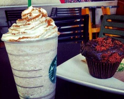 A starbucks cinnamon frappuccino and a muffin