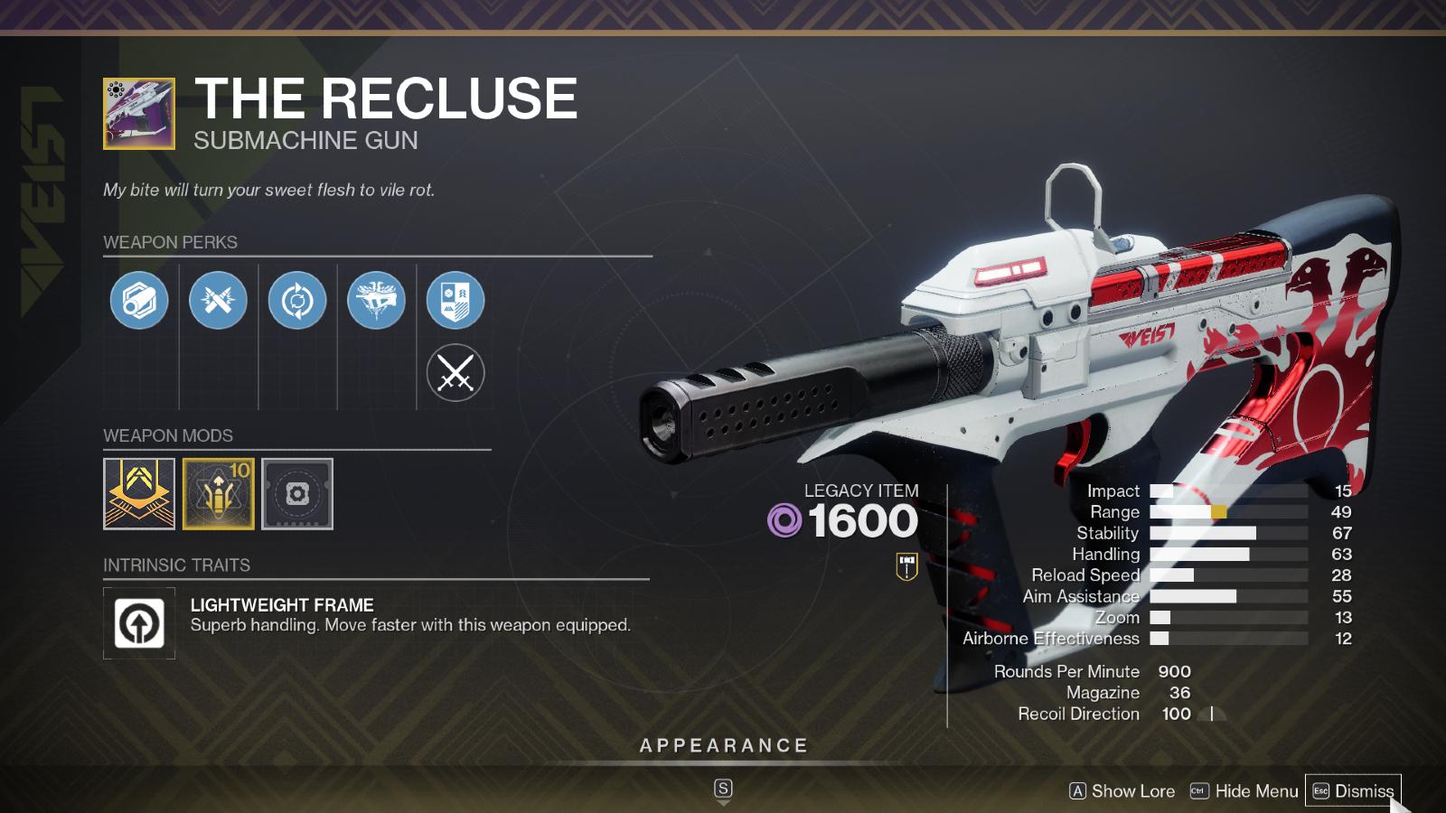 the recluse smg in Destiny 2 menus