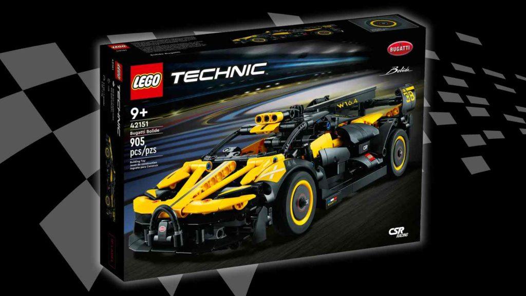 The LEGO Technic Bugatti Bolide on a black background with racing flag graphic