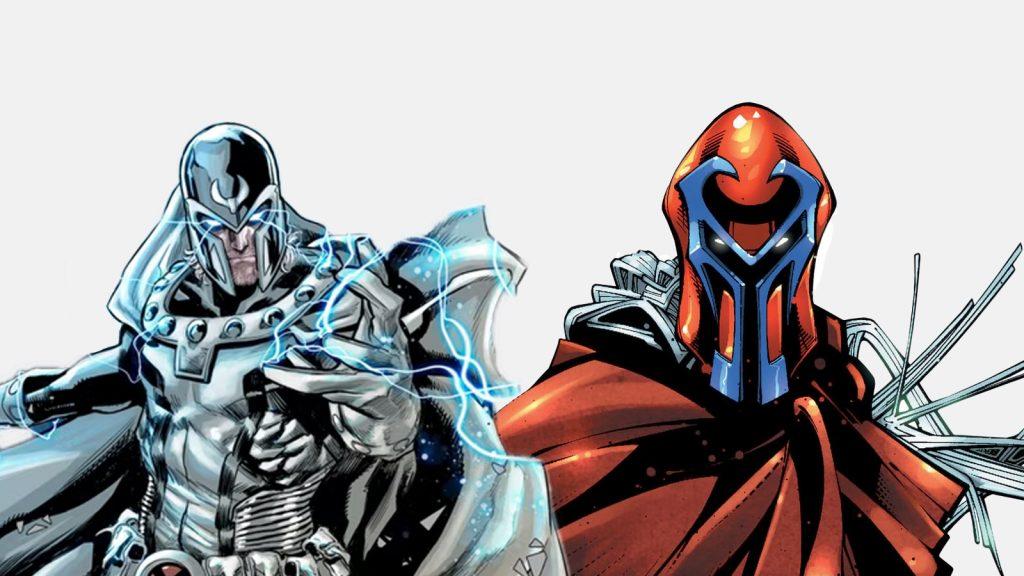 Magento's Dawn of X suit next to his Age of Apocalypse costume.