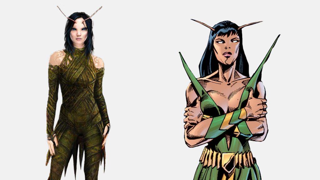 The Mantis A3 costume from Guardians of the Galaxy 2 alongside the original 1970s Mantis costume.