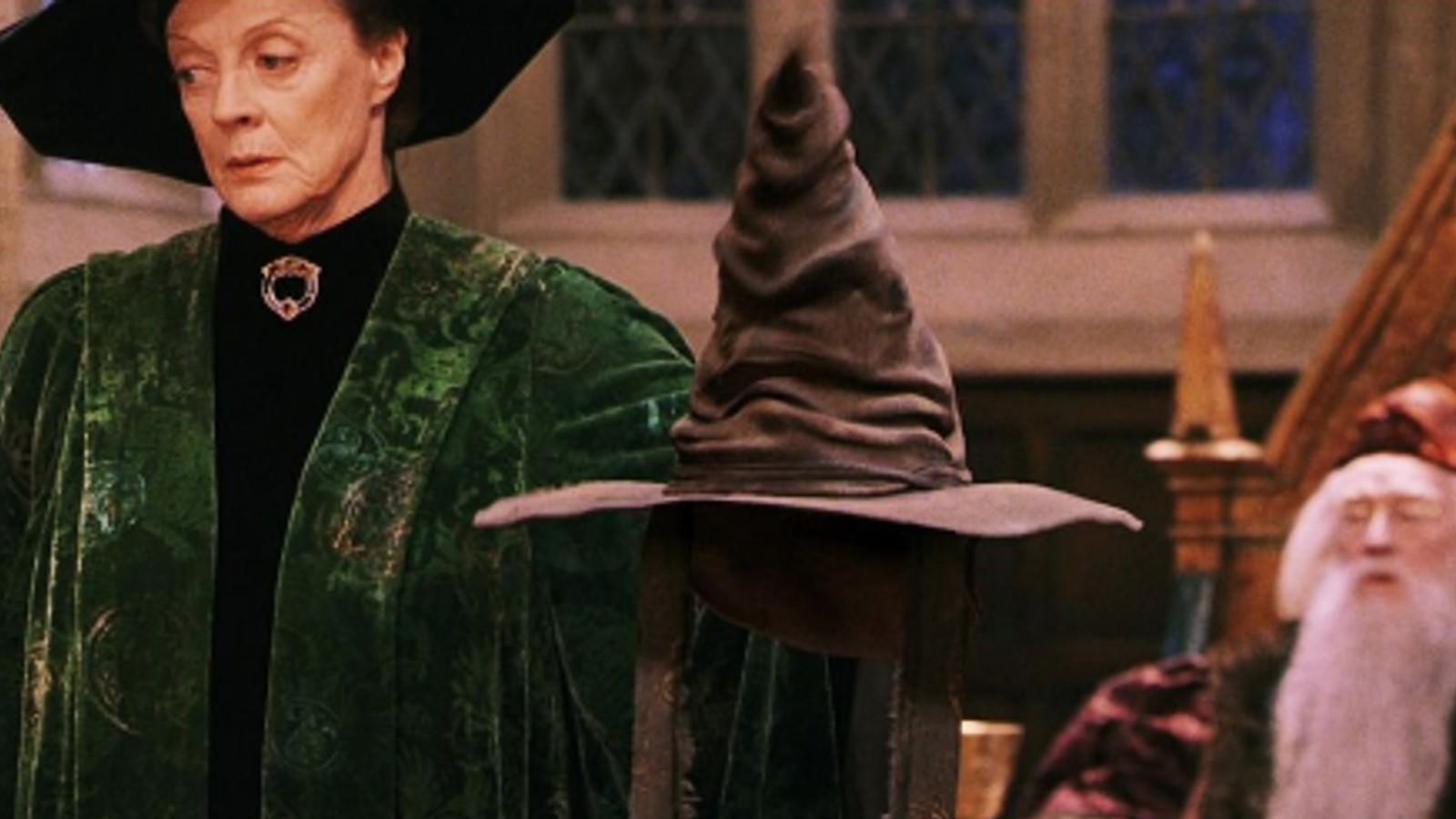 Professor Mcgonagall holds the sorting hat