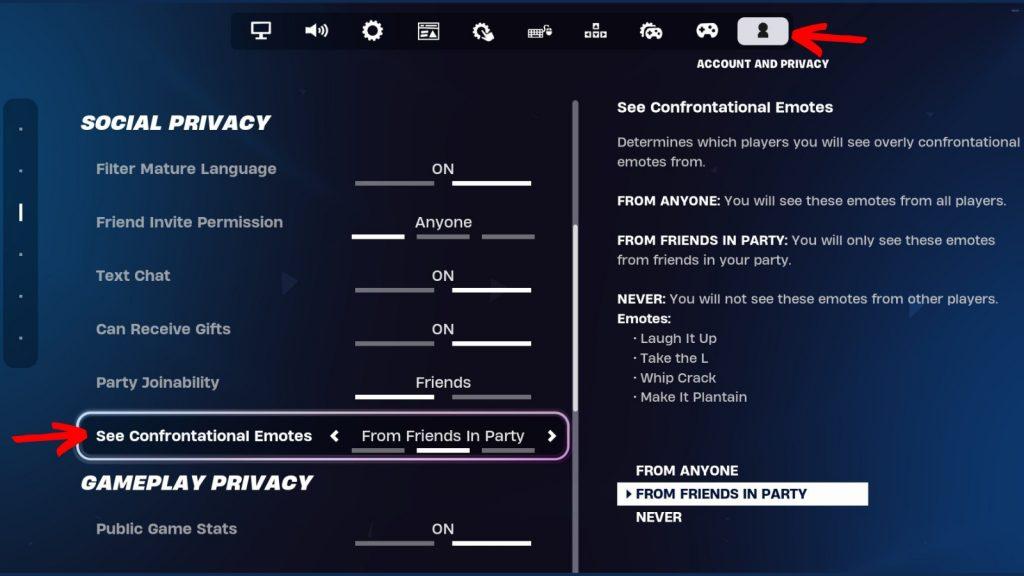 Fortnite Confrontational Emote setting