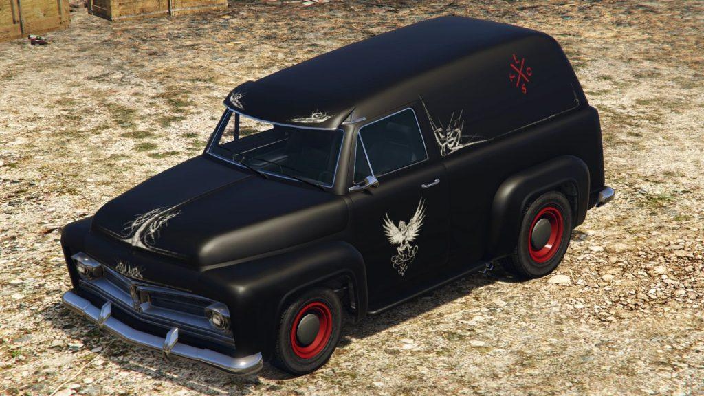 Black Lost MC Slamvan parked in Sandy Shores in GTA Online