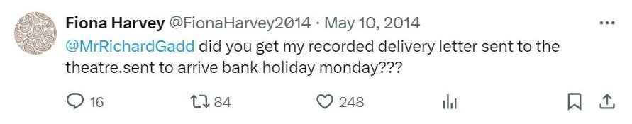 A screenshot of Fiona Harvey's tweet to Richard Gadd