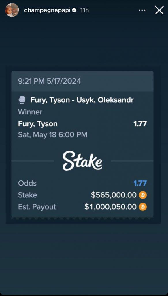 Drake's $565k bet on Tyson Fury to beat Usyk